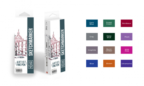 Набор капиллярных ручек Sketchmarker Artist fine pen Dark colors 12цв Набор капиллярных ручек Sketchmarker Artist fine pen Dark colors 12цв